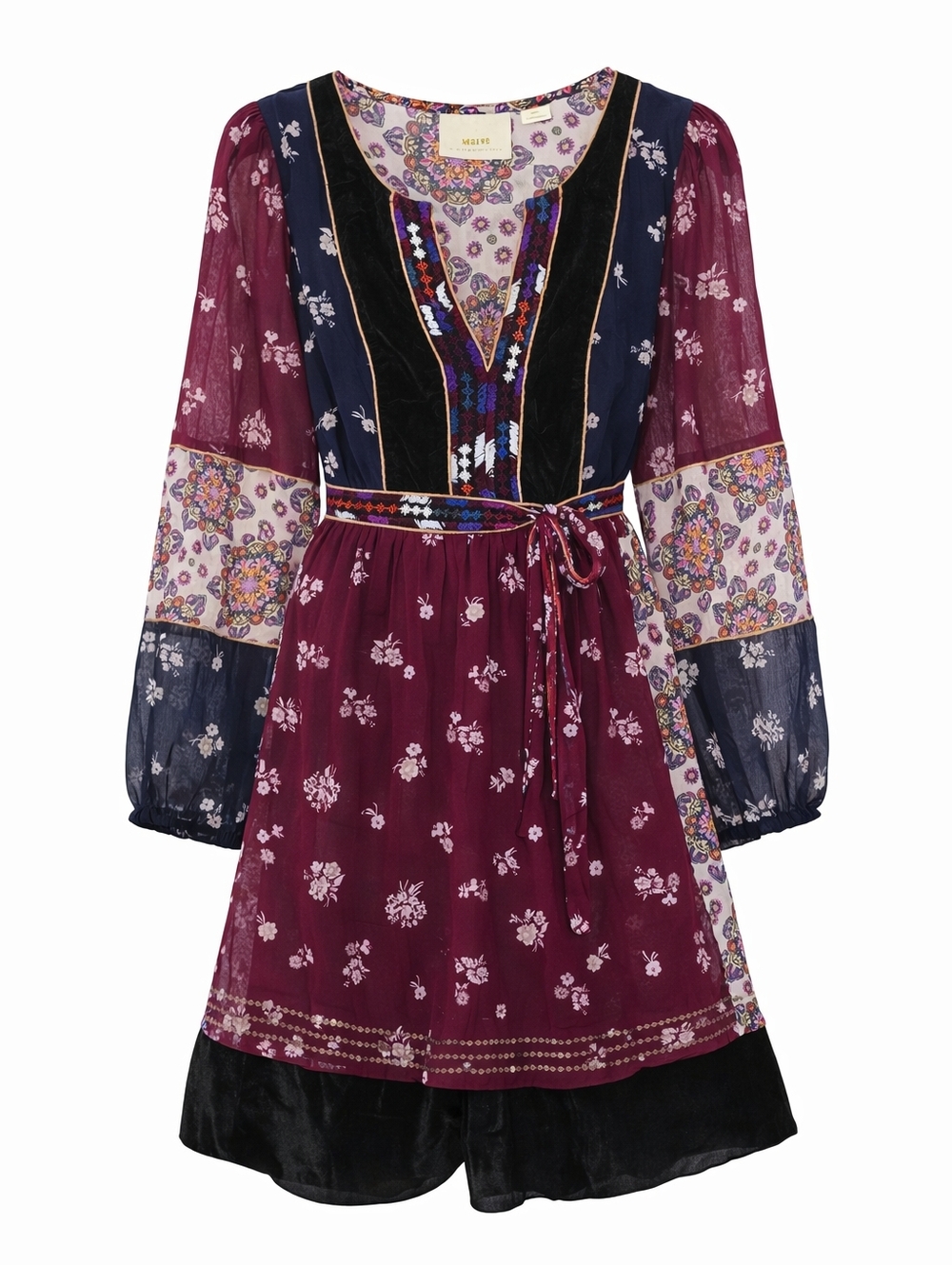 Maeve Anthropologie Dress Women Boho Floral Velvet Trim Tie XS Sheer Sleeve. - Picture 2 of 16